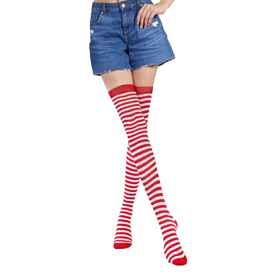Chaussettes hautes 70 deniers pour femme à rayures rouges et blanches